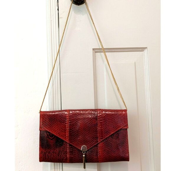 Vintage 80s Python Cherry Red Convertible Snakeskin Clutch / Chain Evening Bag
